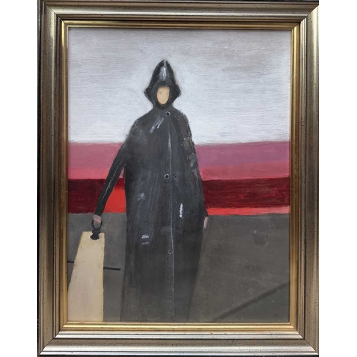 518 - Pattie Muriel May, figure in a long black rain mac, water-based paint on board, 39 by 29.5cm, framed... 