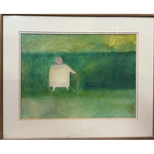 521 - Pattie Muriel May, figure with walking stick on green ground, watercolour/gouache on paper, 35 by 47... 