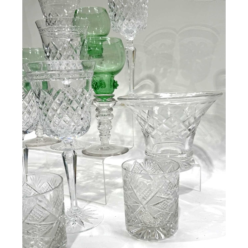 54 - A set of nine Bohemian uranium green and colourless glass Roemer type hock glasses, with raspberry p... 