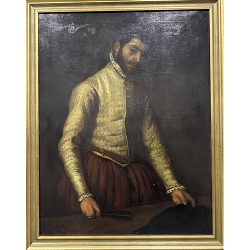 558 - After Giovanni Battista Moroni, The Tailor, oil on canvas, 100 by 75cm, gilt frame