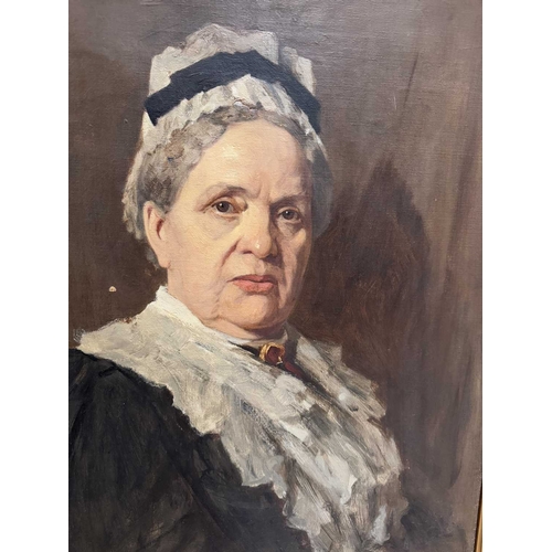 564 - Portrait of an elderly woman dressed in black with white lace and mop cap, indistinctly signed l.l. ... 