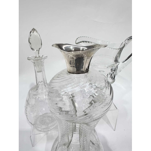 57 - A collection of glass, including a silver collared 'miser's' or 'kluk' decanter, a pair of Edwardian... 