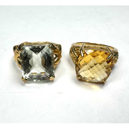 605 - A 9ct gold prasiolite single-stone ring, together with a 9ct gold citrine single-stone ring, hallmar... 