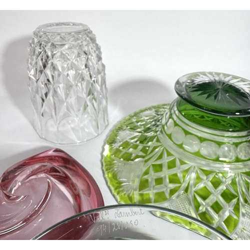 61 - A collection of Val St Lambert glass, an Art-Deco style pedestal emerald and clear flash cut tazza, ... 