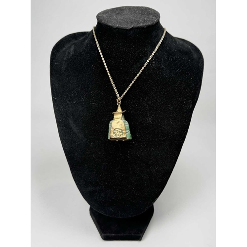 636 - A carved aventurine quartz Buddha pendant, with trace-link chain, pendant stamped 14k, length of pen... 