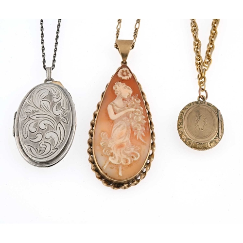 642 - Three pendants, to include a shell cameo mounted in marked 9ct gold, suspended from a gold chain, to... 