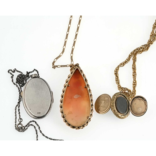 642 - Three pendants, to include a shell cameo mounted in marked 9ct gold, suspended from a gold chain, to... 