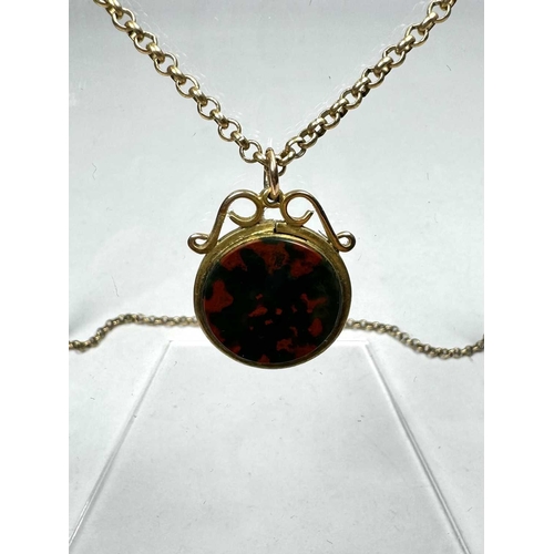 659 - A yellow metal bloodstone and onyx fob pendant, with 9ct gold belcher-link chain, chain with hallmar... 