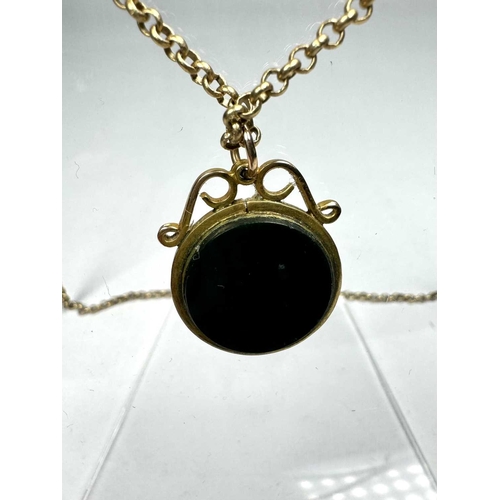 659 - A yellow metal bloodstone and onyx fob pendant, with 9ct gold belcher-link chain, chain with hallmar... 