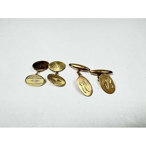 685 - Two pairs of gold coloured metal cufflinks, one pair engine turned on one plaque, the other with ini... 