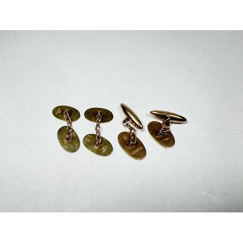 685 - Two pairs of gold coloured metal cufflinks, one pair engine turned on one plaque, the other with ini... 