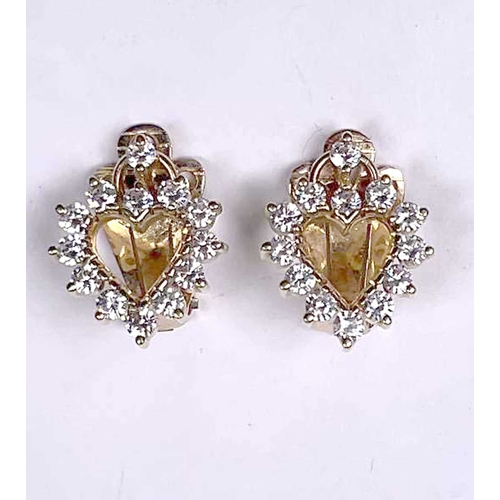 751 - A pair of cubic zirconia heart-shape clip earrings, stamped 750, length 2cm, 9.2g