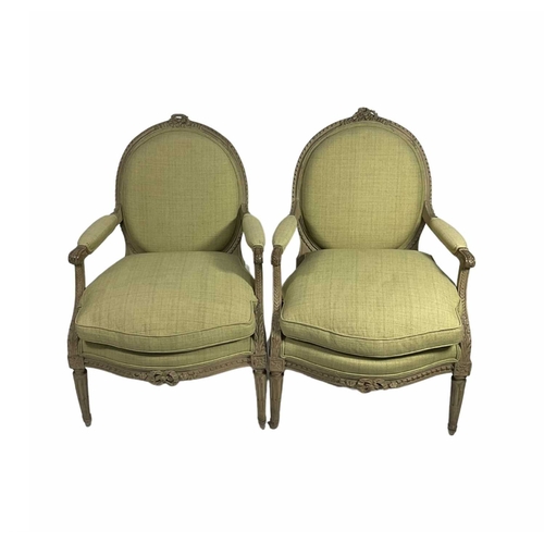 777 - A pair of limed oak 18th-century style upholstered fauteuil chairs, 100cm high, 66cm wide, 60cm deep... 