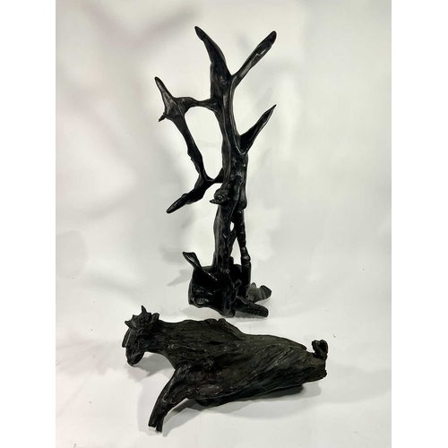 781 - Two large pieces of sculptural bog oak, the larger worked piece titled 'Evolution', sourced from Der... 