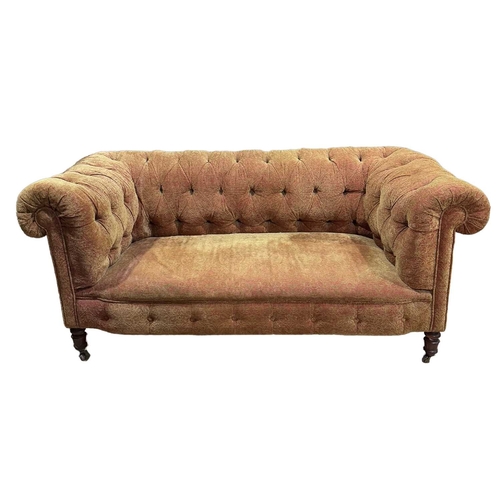 785 - 19th or early 20th century two seater chesterfield sofa, covered with a modern terracotta and gold f... 