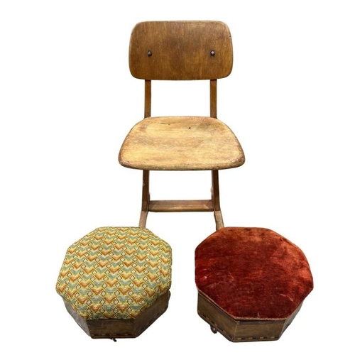 792 - A mid-century child's chair, 60cm high, together with two parquetry inlaid Victorian lidded foot sta... 