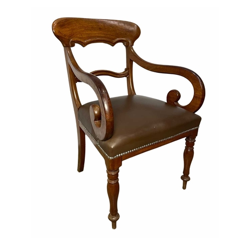 799 - Pair of early-mid 19th century mahogany 'S'-scroll armchairs, covered in a light brown leather with ... 