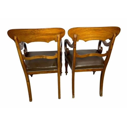 799 - Pair of early-mid 19th century mahogany 'S'-scroll armchairs, covered in a light brown leather with ... 