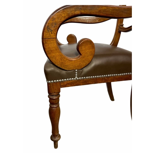 799 - Pair of early-mid 19th century mahogany 'S'-scroll armchairs, covered in a light brown leather with ... 