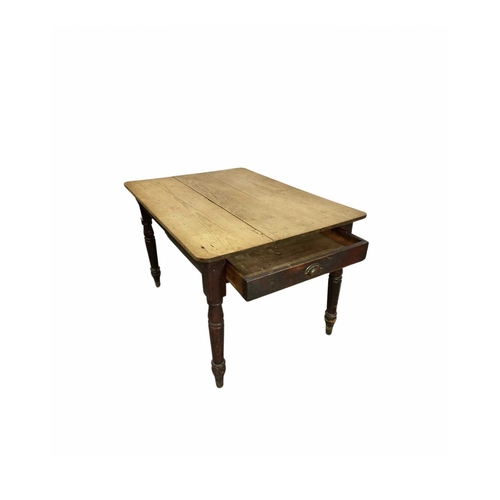 801 - A pine table with stained turned legs, plane top, pullout drawer compartment with metal cup pull, 73... 