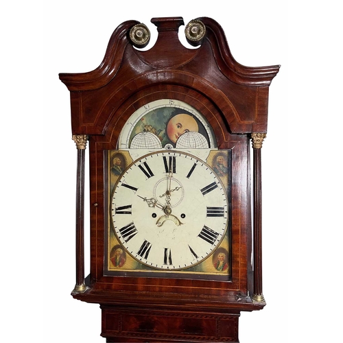 805 - A strung mahogany longcase clock, c.1800, broken swan neck pediment with plinth and brass roundels, ... 