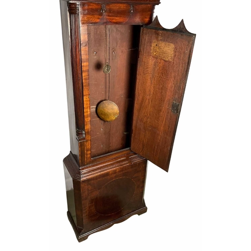 805 - A strung mahogany longcase clock, c.1800, broken swan neck pediment with plinth and brass roundels, ... 