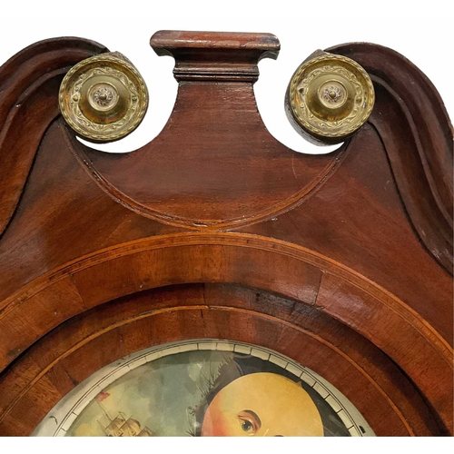 805 - A strung mahogany longcase clock, c.1800, broken swan neck pediment with plinth and brass roundels, ... 