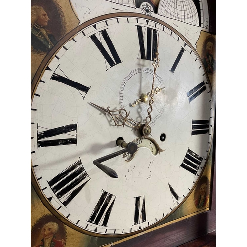 805 - A strung mahogany longcase clock, c.1800, broken swan neck pediment with plinth and brass roundels, ... 