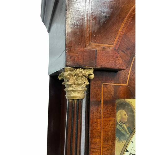 805 - A strung mahogany longcase clock, c.1800, broken swan neck pediment with plinth and brass roundels, ... 