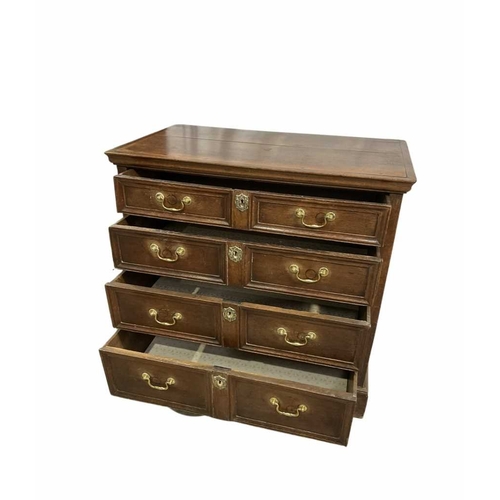 809 - An oak chest of four drawers, panelled drawer fronts with brass swan neck handles and cast brass dec... 