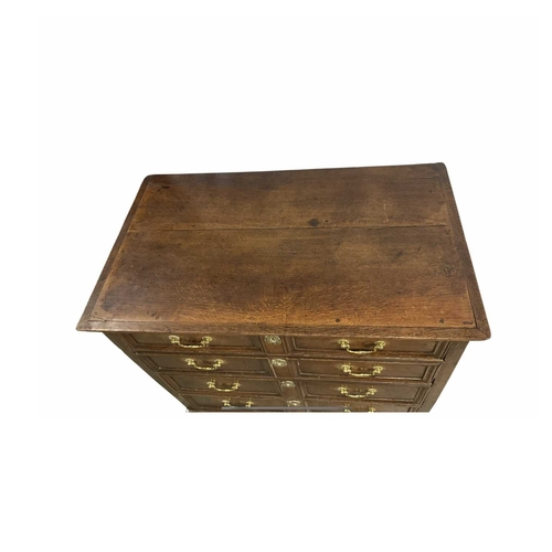 809 - An oak chest of four drawers, panelled drawer fronts with brass swan neck handles and cast brass dec... 