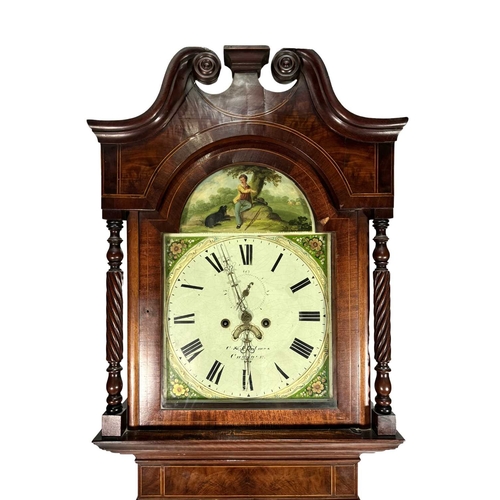 831 - Thomas Holmes long case clock, 19th century, strung all over, broken swan neck scroll pediment suppo... 