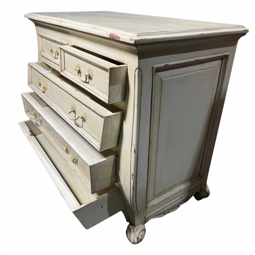 838 - A French-style bombe chest of drawers, two short over three long, white painted metal swan neck hand... 