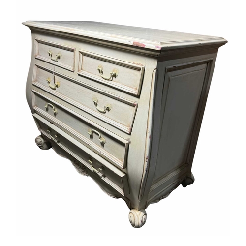 838 - A French-style bombe chest of drawers, two short over three long, white painted metal swan neck hand... 