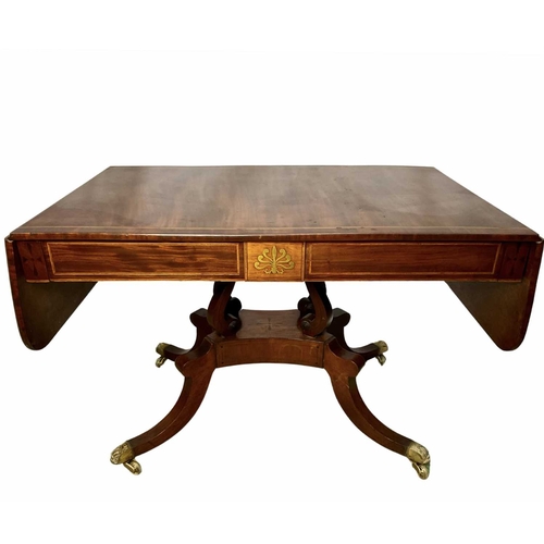 839 - A regency mahogany sofa table, drop down leaves, two pull out drawers, two dummy both with brass ant... 