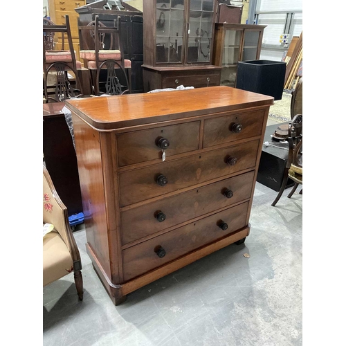 851 - A Victorian mahogany two over three chest of drawers, possibly Scottish, booked matched veneers to f... 