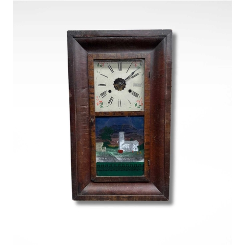 865 - A Jerome & Co American wall clock with painted glass panel depicting Greenwood Cemetery, with ke... 