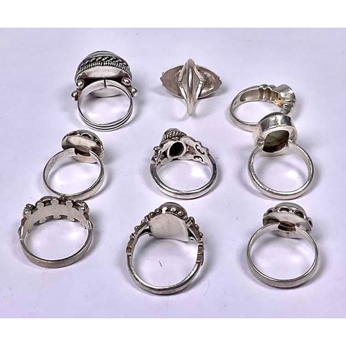 612 - A selection of nine silver gem-set rings, gems to include citrine, labradorite, moonstone etc, total... 