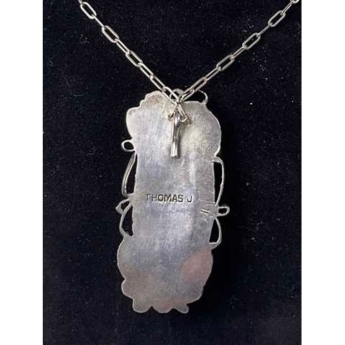 637 - An American Navajo silver banded agate foliate pendant, with gold nugget overlay, signed Thomas J, s... 