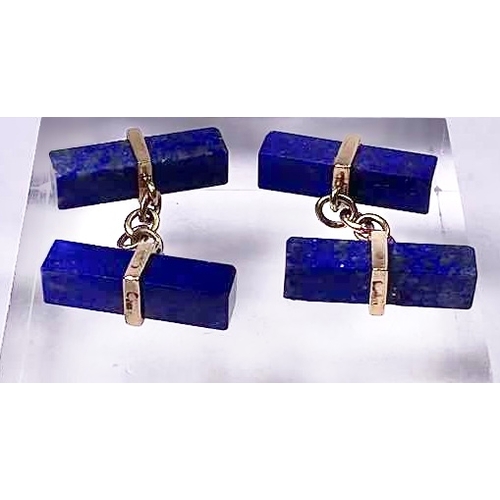 684 - A pair of Asprey lapis lazuli and gold coloured metal mounted cufflinks, marked, in original Asprey ... 