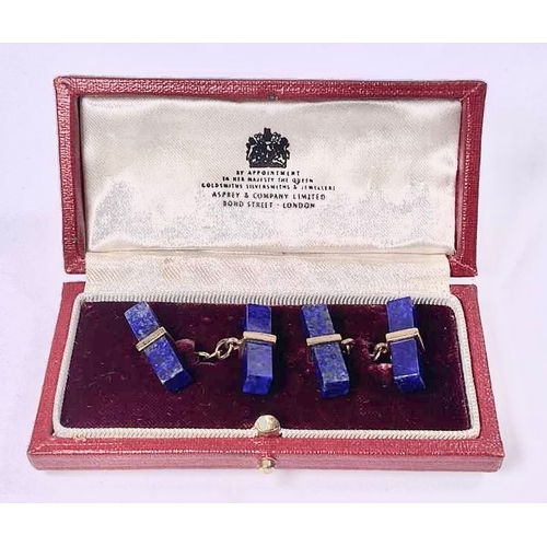 684 - A pair of Asprey lapis lazuli and gold coloured metal mounted cufflinks, marked, in original Asprey ... 