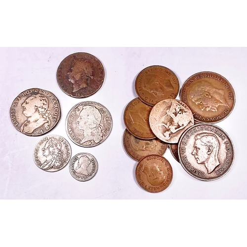 703 - British and World coins: George II silver sixpence, 1758, George IV penny, 1827, France, Louis XVI, ... 