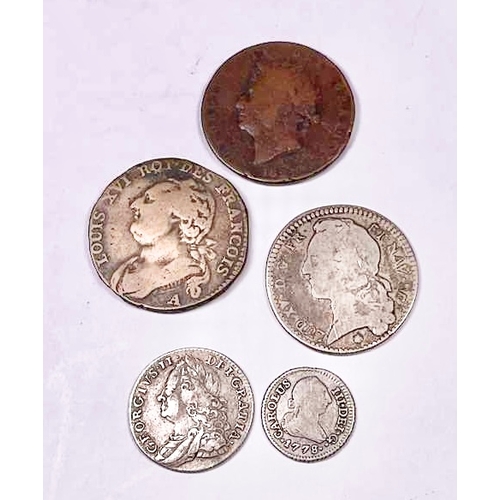 703 - British and World coins: George II silver sixpence, 1758, George IV penny, 1827, France, Louis XVI, ... 