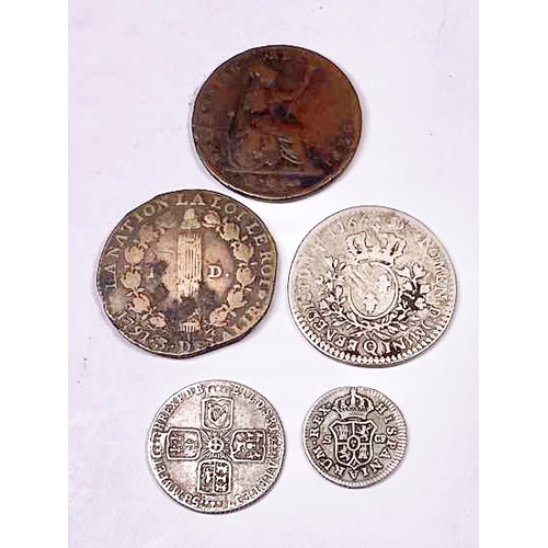 703 - British and World coins: George II silver sixpence, 1758, George IV penny, 1827, France, Louis XVI, ... 