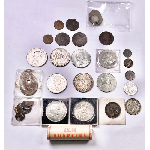 705 - A selection of various coins, crowns, tokens etc, including George III pennies, 1799 and 1806, a Vic... 