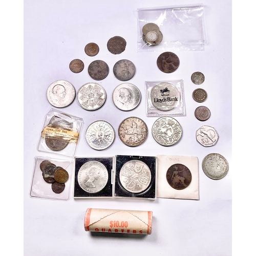 705 - A selection of various coins, crowns, tokens etc, including George III pennies, 1799 and 1806, a Vic... 