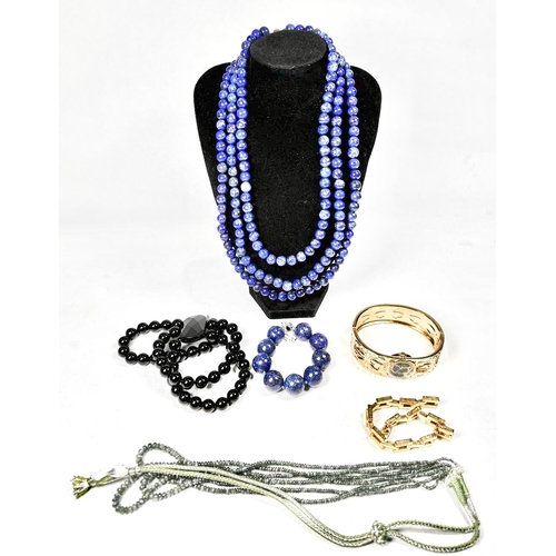 732 - A selection of gem-set bead jewellery, together with a base metal bracelet and a bangle watch, gems ... 