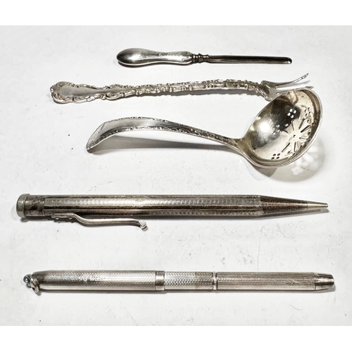 741 - A George V silver sifter ladle, W S Savage & Co., Sheffield 1912, length 10cm, together with two... 