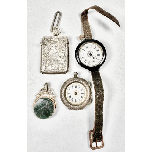 745 - A small selection of silver items, to include a vesta case, a gem set swivel fob and two watches (4)... 