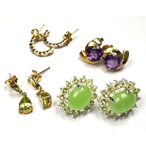 747 - Four pairs of gem-set earrings, gems to include rubies, diamonds, peridot, amethyst and others, thre... 